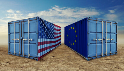 Two metal shipping containers with the US and EU flag on the side standing on the ground. Shipping...