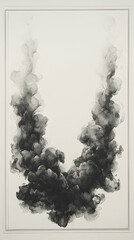 Framed art depicts two plumes of black smoke rising from the center dissipating into airy wisps against a crisp white b
