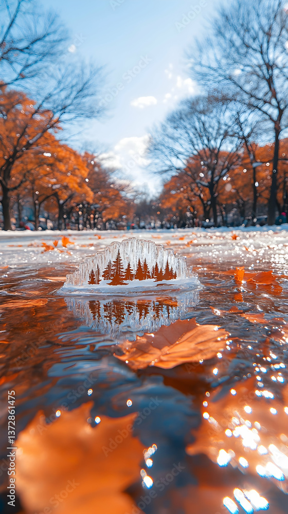 Aufkleber frozen puddle with a reflection of trees in the water with leaves floating under blue sky surrounded