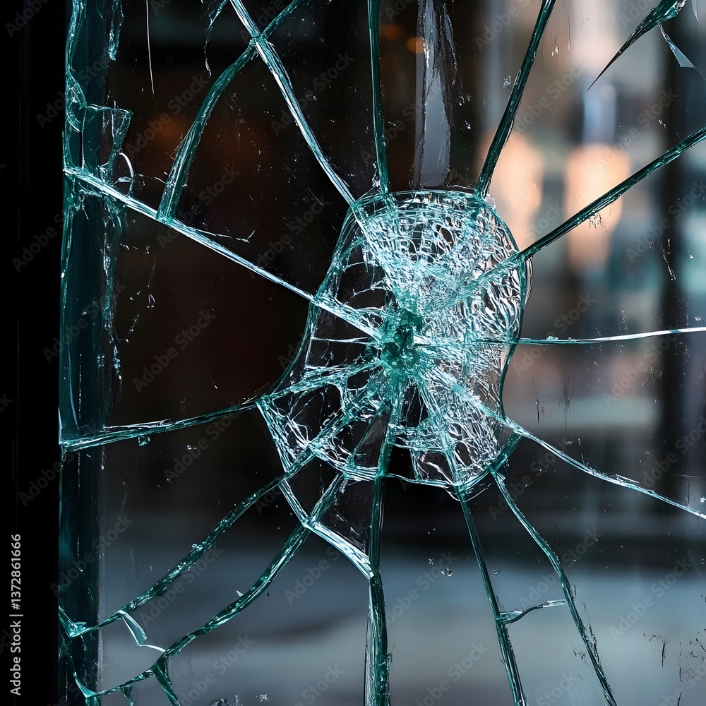 Aufkleber shattered perspectives: detailed view of a fractured window, showcasing intricate patterns of broken