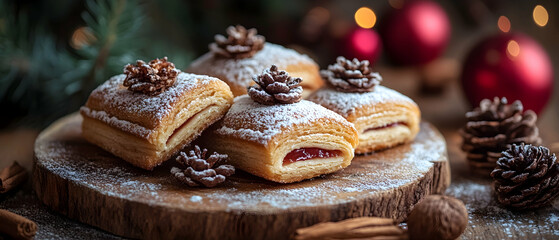 Fototapeta premium Golden Brown Pastries with Red Jam and Powdered Sugar Topped with Pinecones on a Rustic Wooden Board for a Festive Holiday Treat