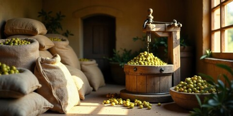 Rustic Still Life Featuring Abundant Harvest of Small Green Fruits in Burlap Sacks and Wooden Barrel
