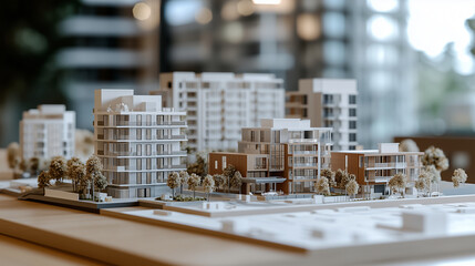 Close-up of five apartment models, real estate charts and city tower apartments in the distance.