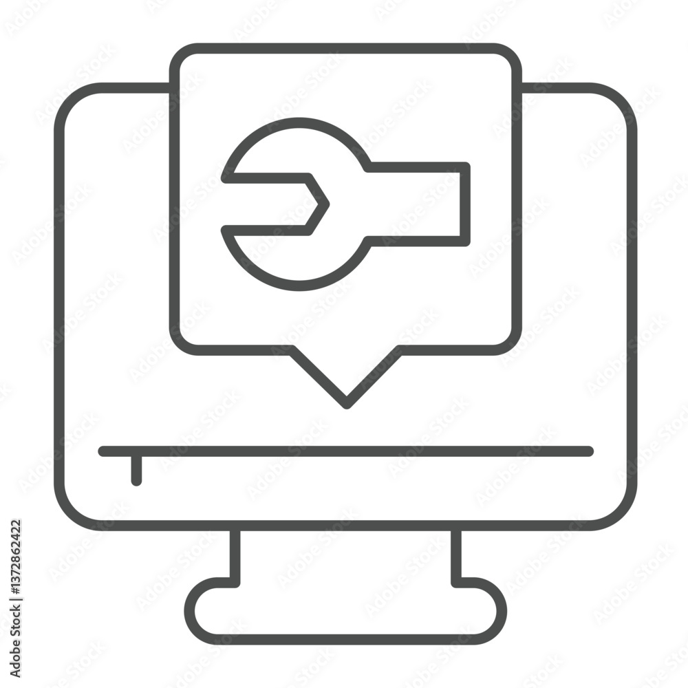 Poster monitor screen with wrench popup window thin line icon, repair service concept. vector graphics. com