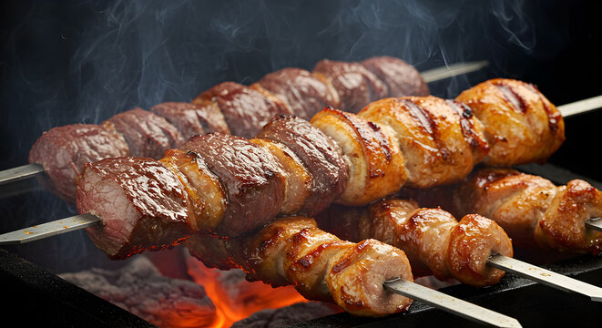 Closeup view of sizzling Brazilian churrasco skewers on hot charcoal grill