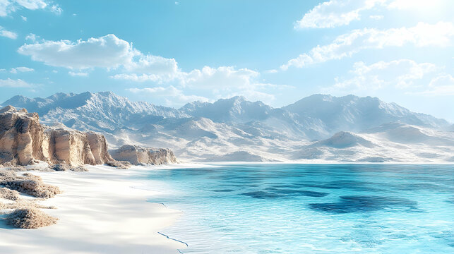 Serene landscape turquoise water meets a white sandy beach backed by snow-capped mountains under a bright sky with sof