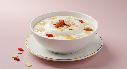 Delicate almond tofu dessert with goji berries on light pink background