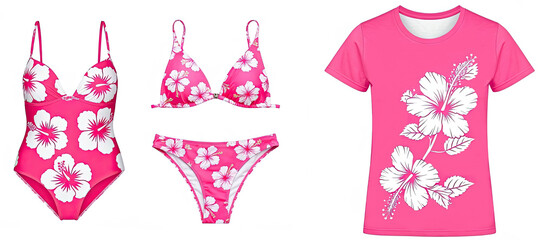 Summer fashion for women, pink T-shirt, pink bikini and pink swimsuit with white hibiscus flower pattern on white background