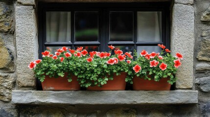 Naklejka premium Charming window box display of red and white flowers. Potted plants in terracotta planters adorn a stone window sill, adding a touch of color and life to the exterior. A classic, rustic aesthetic