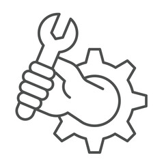 Gear with wrench in hand thin line icon, repair service concept. Vector graphics. Human hand with wrench in cogwheel sign on white background, outline style icon for mobile or web design.