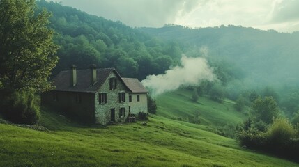 Fototapeta premium Charming Stone House with Smoke Amidst Lush Green Rolling Hills