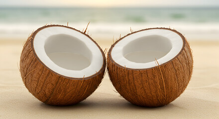Tropical refreshment concept with fresh coconuts on a tranquil beach background