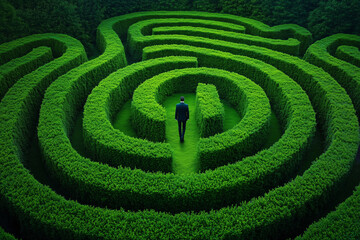 Man in formal attire explores a lush green maze during a sunny afternoon