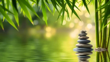 Zen stones in calm water with bamboo and greenery background for spa and wellness concept