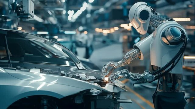 Technician Activates Smart Factory Floor. Advanced Manufacturing Visualization of Data Analysis, AI Production Optimization, Digital Information Lines in Autonomous Automotive Robot Car Arm Assembly L