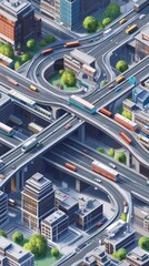 An isometric illustration shows a complex urban highway transportation system
