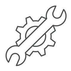 Wrench on cogwheel gear thin line icon, repair service concept. Vector graphics. Repair tool sign on white background, outline style icon for mobile or web design.