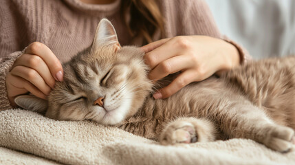 Cat on the table, woman brushing and scratching it, removing loose fur for health.