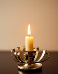 Shimmering metallic strips encircle a candlestick, casting soft, reflective light, copper, soft light, glamour