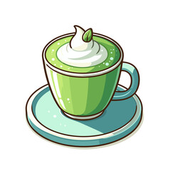 Vector illustration of matcha latte with whipped cream topping. Perfect for café menu designs, specialty beverage blogs, and Japanese tea culture websites.