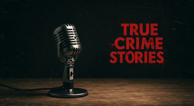 Vintage microphone featuring "True Crime Stories" text  