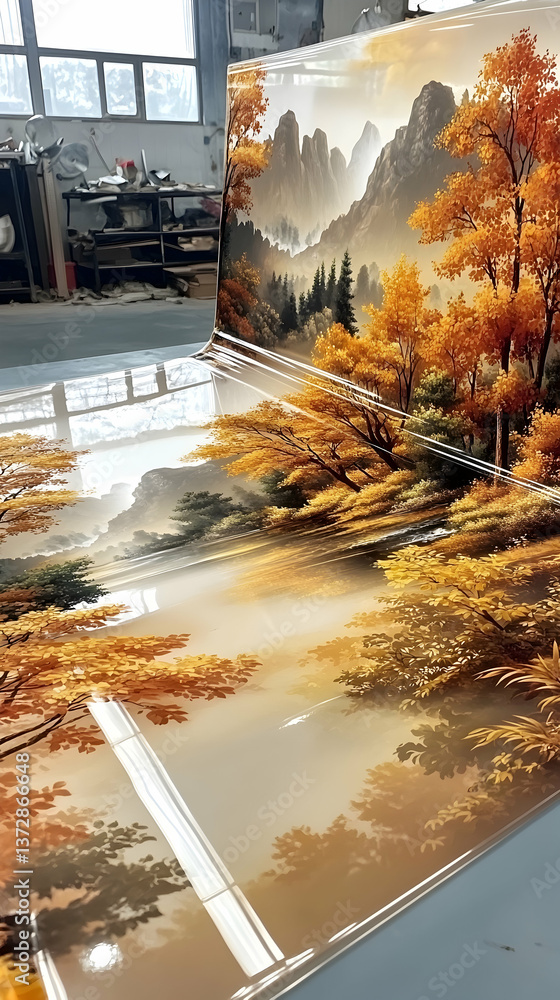 Poster glossy rendering shows a mountain range with fall foliage a misty scene with golden trees and soft m