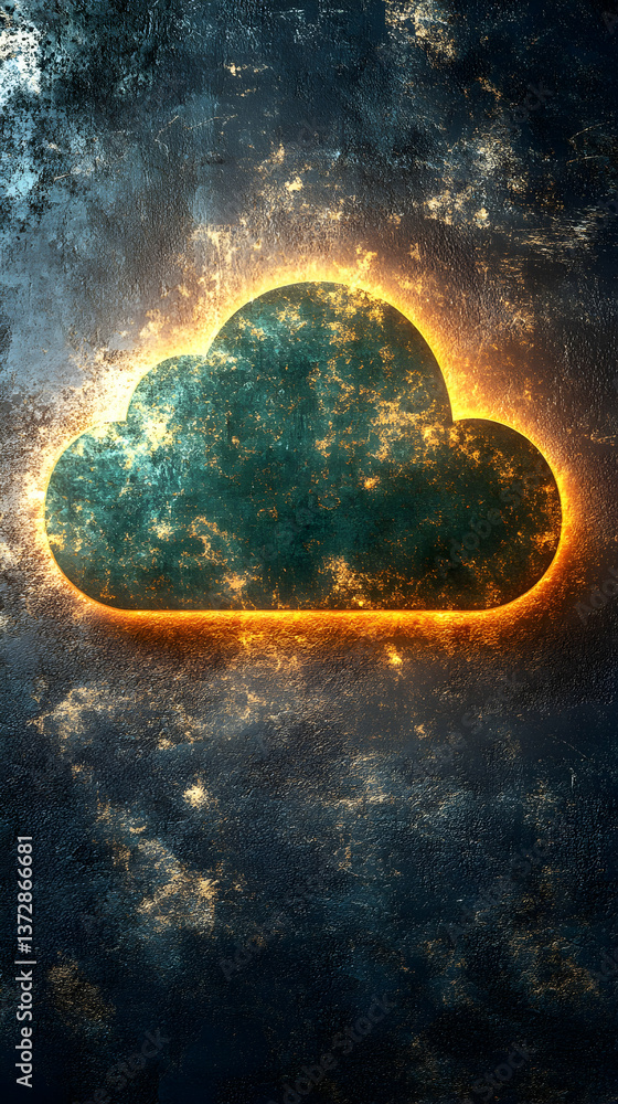 Poster glowing cloud emblem over a textured background creates a powerful and intriguing visual evoking a s