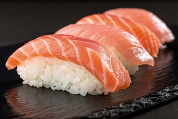 Fresh Salmon Nigiri Displayed on a Black Serving Tray Generative AI