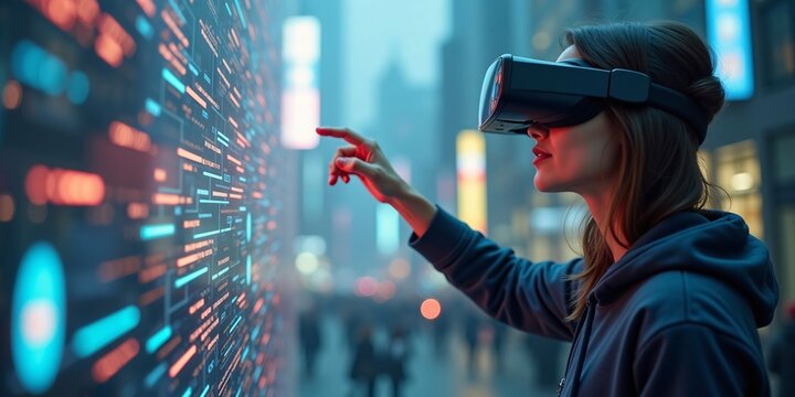 A person using AR smart glasses, interacting with floating holographic data and digital elements