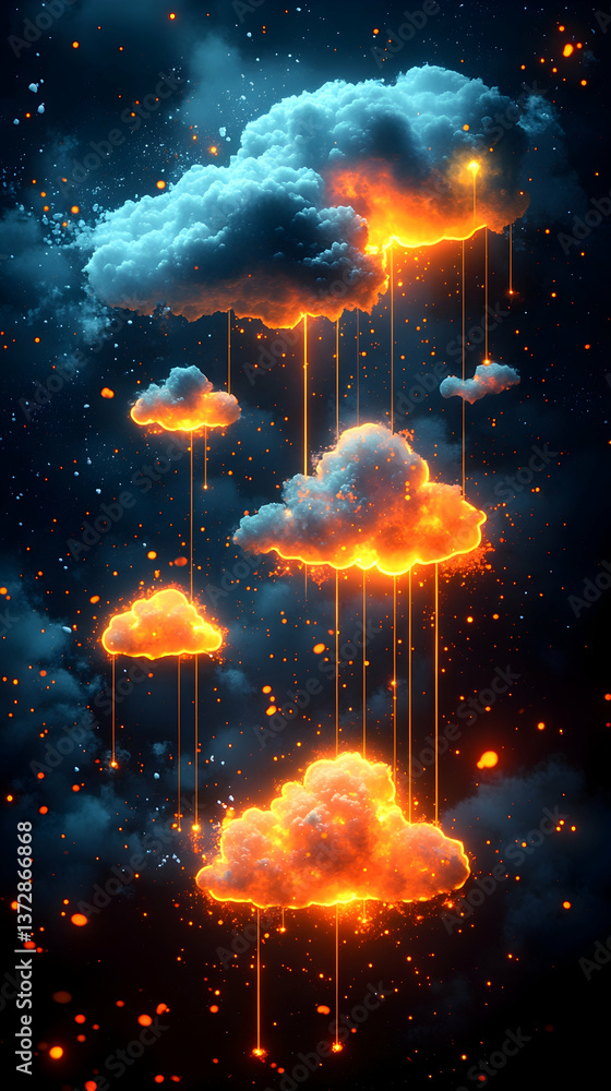 Poster glowing clouds float against a dark sky with strands of light connecting them surrounded by glowing 