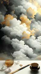 An artful still life featuring calligraphic tools  white crumpled papers Abstract background of cloudy gold-white blen