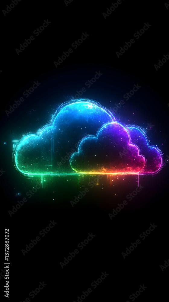 Aufkleber glowing neon clouds shimmer on black background with rainbow gradient and soft light particles for a