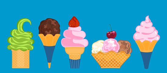 Vector illustration set of gelato ice cream. Ice cream set. Several balls in a cup. Chocolate-coated waffle cones Frozen or ice cream balls assorted dessert menus isolated in background top view.
