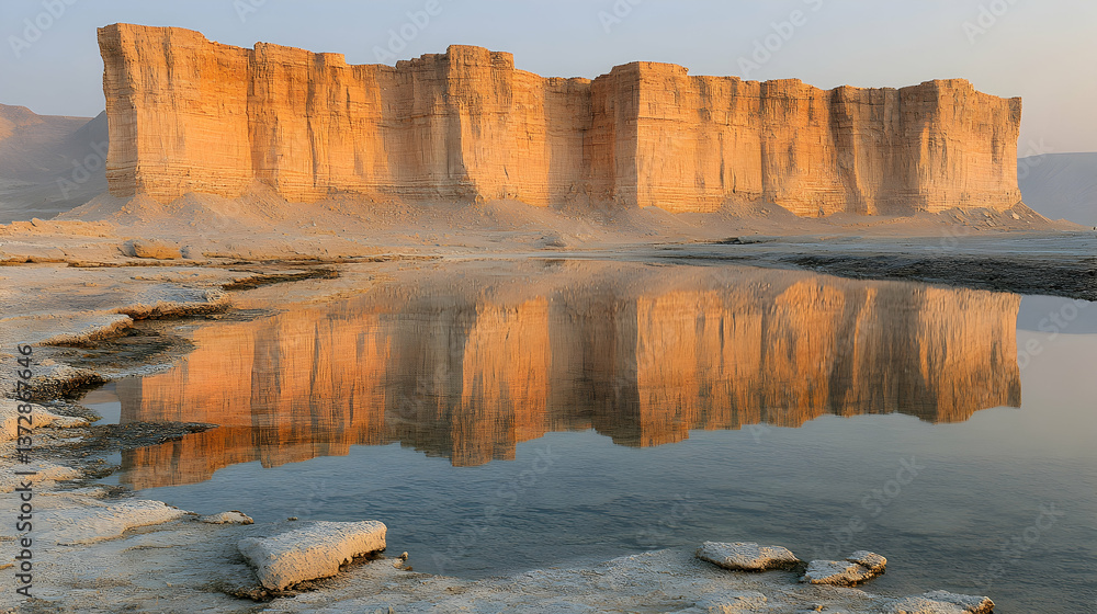 Poster golden cliffs reflect in still water creating an ethereal scene layers of rock are visible across th