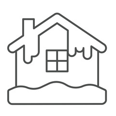 Icy frozen house thin line icon, merry christmas concept. Vector graphics. Cottage building with snow and icicles sign on white background, outline style icon for mobile or web design.