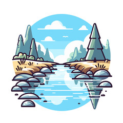 Vector illustration of mountain stream with pine trees in blue circle with reflection. Perfect for nature travel websites, outdoor adventure blogs, or environmental conservation.