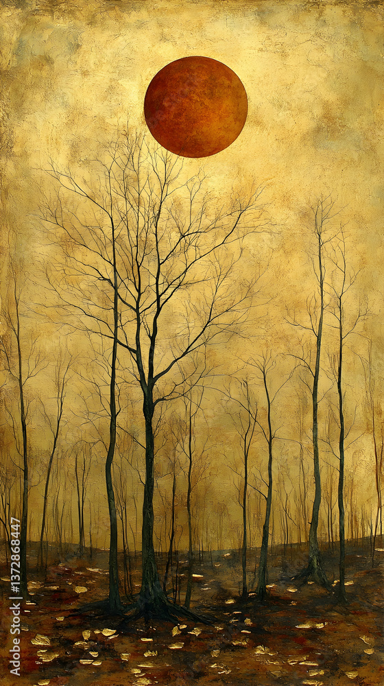 Poster golden hued forest scene with a large orange sun hovering above the bare trees creating an eerie oth
