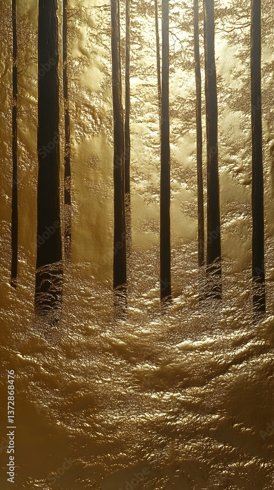 Poster golden hued forest with sunlight filtering through trees creating shimmering effect on the ground da
