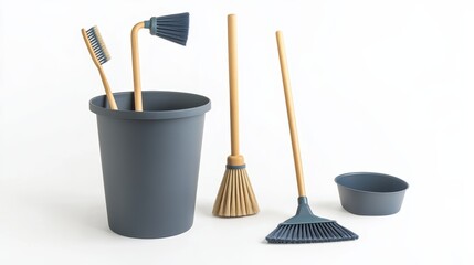 A set of home cleaning tools including a mop, bucket, broom, and dustpan, neatly arranged on a white background,