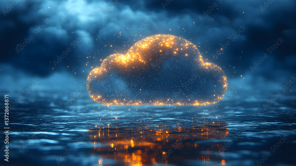 Poster golden particles form cloud shape reflected in blue water beneath dark sky with hazy clouds ethereal