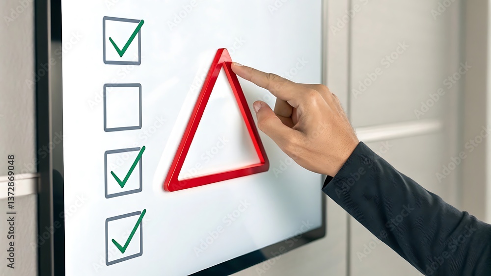 Poster risk management: hand interacting with warning indicator amongst completed tasks on interactive scre