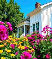 Classic white clapboard house, vibrant flower garden blooms, classic, green