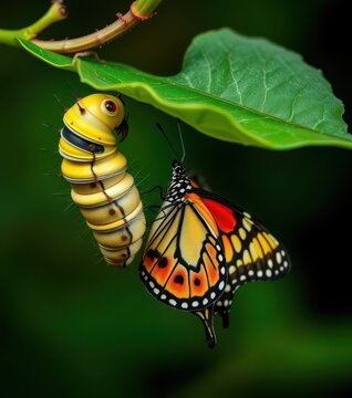 Caterpillar munching leaf, chrysalis hanging, butterfly emerging, imago, orange, cremaster