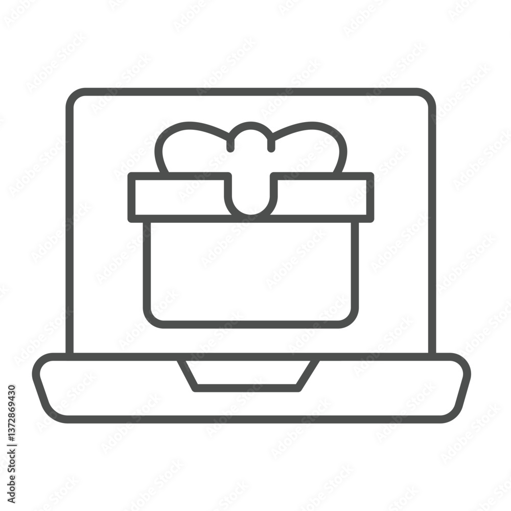 Poster laptop screen with gift box thin line icon, merry christmas concept. vector graphics. notebook compu