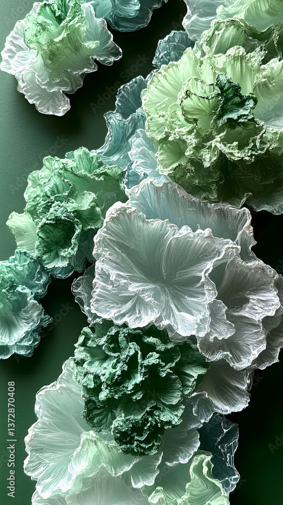 Poster green and white flowers abstract with ruffled translucent petals on a matching green backdrop creati