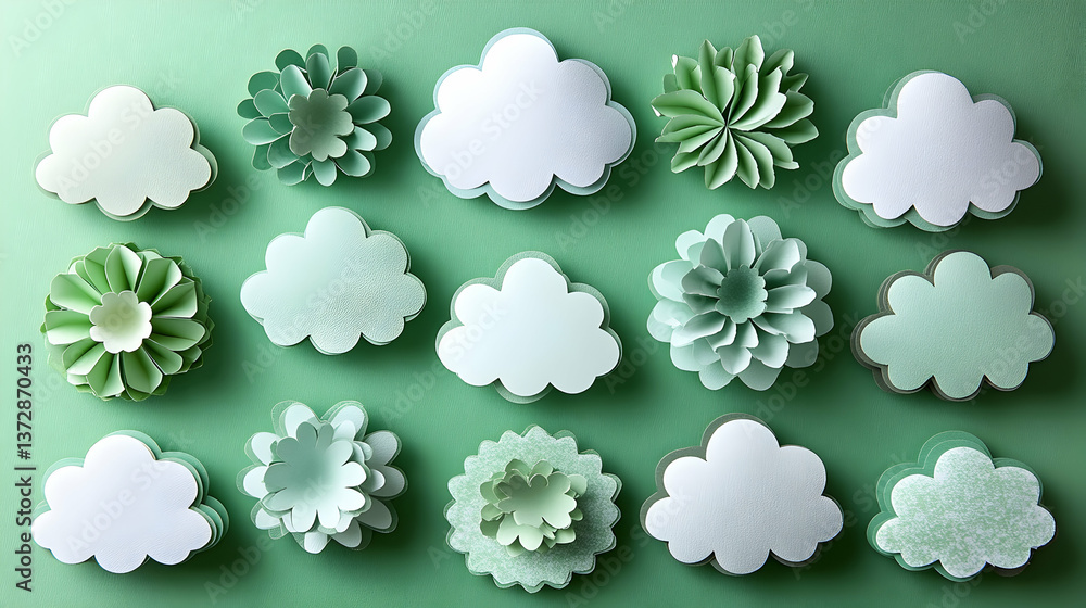 Poster green backdrop featuring paper cutouts of layered clouds and petal flowers arranged with depth and t