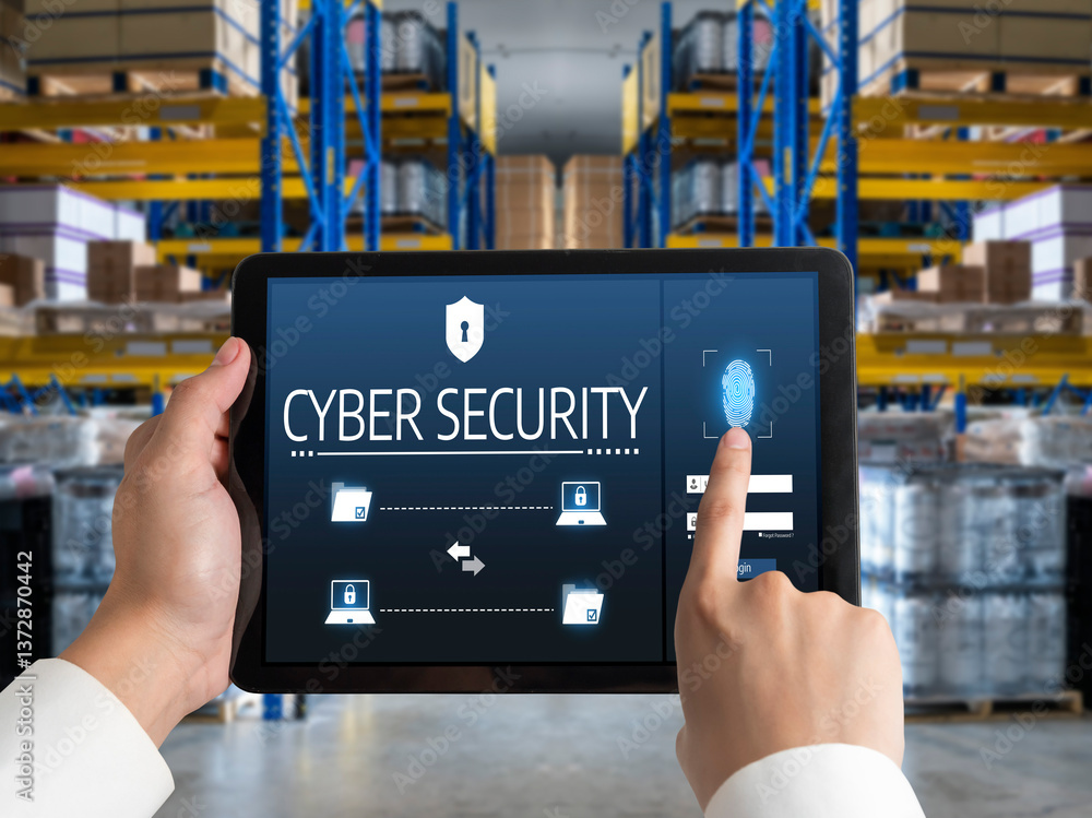 Poster cyber security system on computer screen protect private information snugly from hacker and cyber at