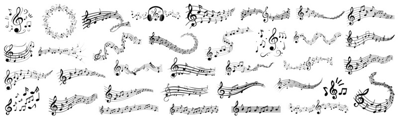 Music notes wave set, group musical notes abstract background. Circular frame with musical notes. Dynamic music abstract design