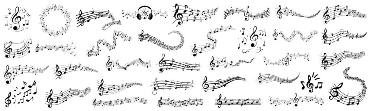 Music notes wave set, group musical notes abstract background. Circular frame with musical notes. Dynamic music abstract design
