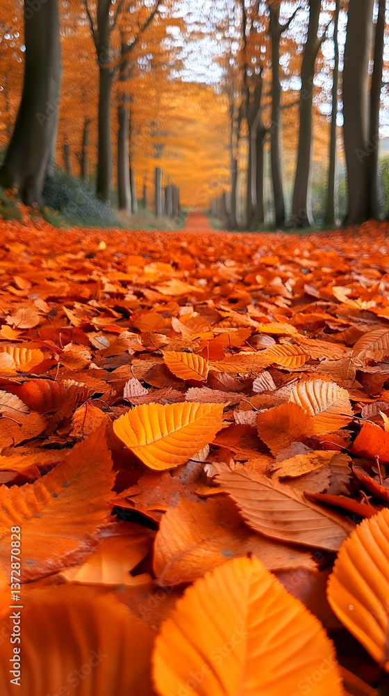 Poster ground-level view of a path covered with orange leaves lined with trees creating a scenic autumn lan